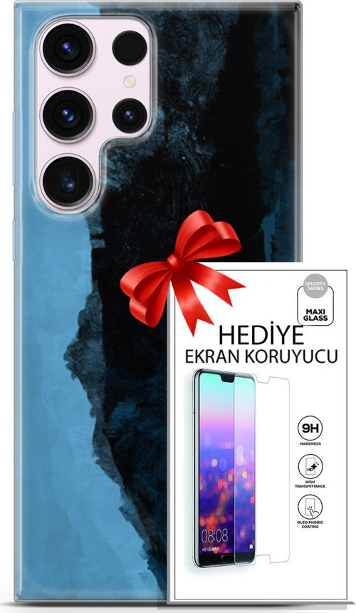 Samsung Galaxy S23 Ultra Kılıf Orijinal Seri Nature 24 Mavi Siyah Darbe Emici Kılıf + Ekran Koruyucu