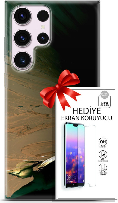 Samsung Galaxy S23 Ultra Kılıf Orijinal Seri Nature 02 Yeşil Sarı Kapak Ve Ekran Koruyucu