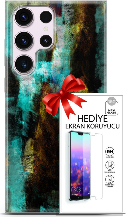 Samsung Galaxy S23 Ultra Kılıf Orijinal Seri Nature 12 Kahve Yeşil Tasarım Kılıf + Ekran Koruyucu