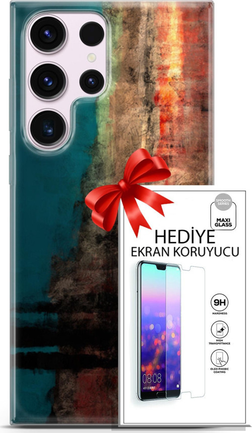 Samsung Galaxy S23 Ultra Kılıf Orijinal Seri Nature 03 Yeşil Turuncu Taş Arka Kapak + Ekran Koruyucu