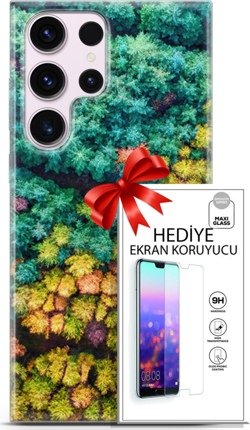 Samsung Galaxy S23 Ultra Kılıf Orijinal Seri Fantasy 08 Kuşbakışı Orman Baskılı Kılıf + Ekran Koruyucu