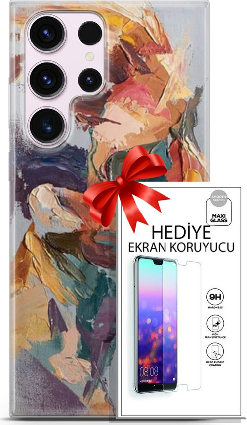 Samsung Galaxy S23 Ultra Kılıf Orijinal Seri Soul 04 Soyut Silikon Kılıf + Ekran Koruyucu Full Koruma