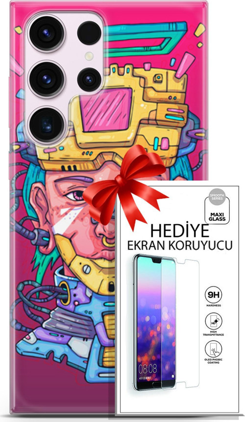 Samsung Galaxy S23 Ultra Kılıf Orijinal Seri Punky 02 Robotica Kapak Ve Ekran Koruyucu