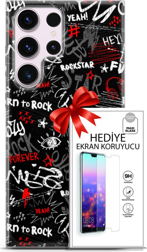 Samsung Galaxy S23 Ultra Kılıf Orijinal Seri Punky 25 Yeah Rock Soyulmayan Kılıf + Ekran Koruyucu Fu