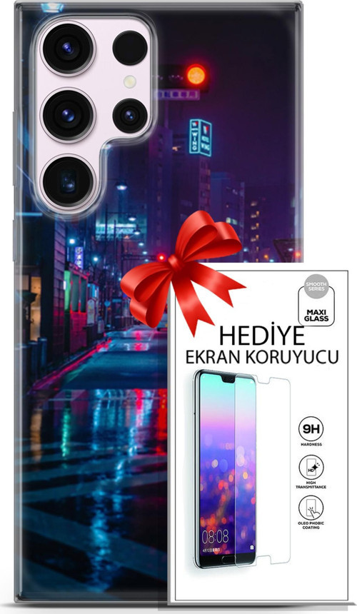 Samsung Galaxy S23 Ultra Kılıf Orijinal Seri Cyberpunk 15 Neon Cadde Kalın Silikon + Ekran Koruyucu