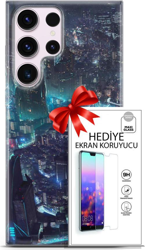 Samsung Galaxy S23 Ultra Kılıf Orijinal Seri Cyberpunk 17 Işıklı Şehir Yumuşak Kılıf + Ekran Koruyucu