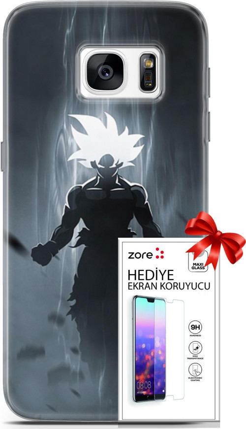 Samsung Galaxy S7 Kılıf Orijinal Seri Supers 27 Dark Goku Lazer Kesim Silikon Ekran Koruyucu