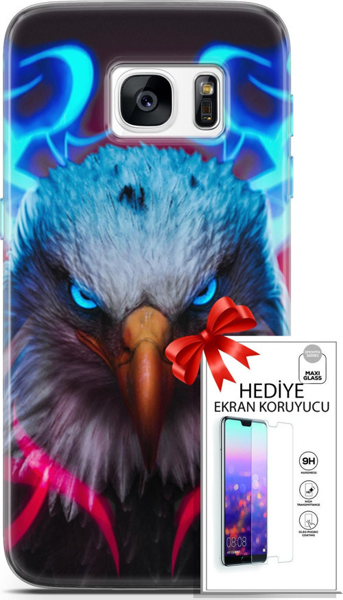 Samsung Galaxy S7 Kılıf Orijinal Seri Algorand 11 Baykuş Sert 4K Baskılı Kılıf + Ekran Koruyucu Full