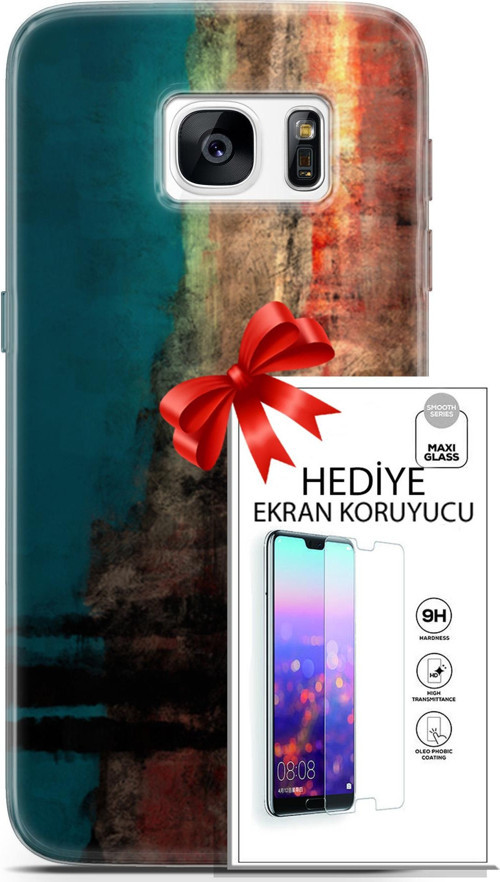 Samsung Galaxy S7 Kılıf Orijinal Seri Nature 03 Yeşil Turuncu Taş Arka Kapak + Ekran Koruyucu
