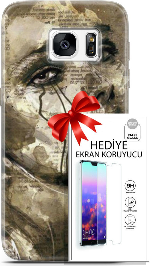 Samsung Galaxy S7 Kılıf Orijinal Seri Soul 17 Ağlayan Yüz Yumuşak Kılıf + Ekran Koruyucu