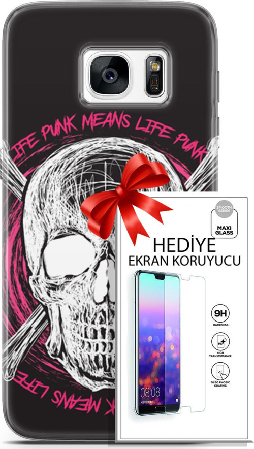 Samsung Galaxy S7 Kılıf Orijinal Seri Punky 10 Punk Kurukafa Full Hd Kılıf + Ekran Koruyucu