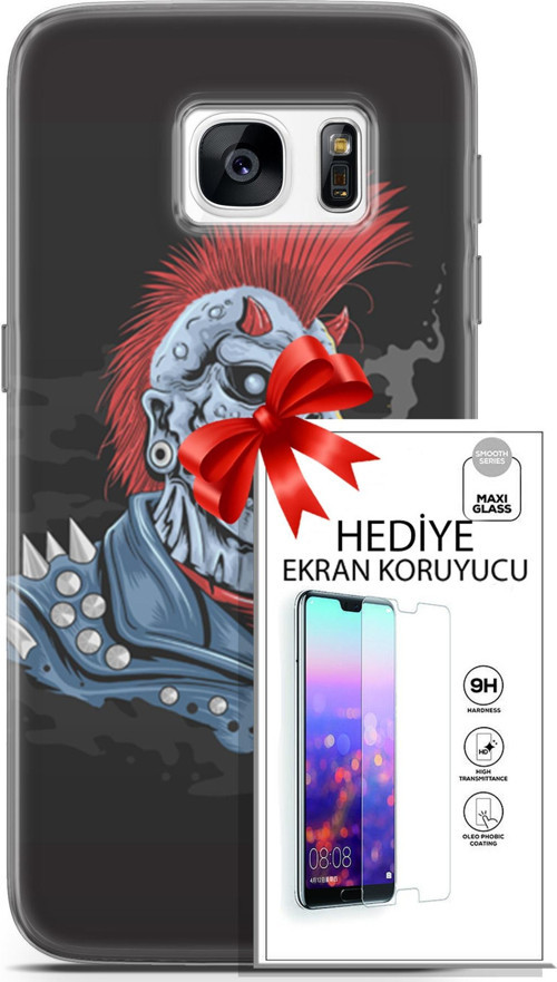 Samsung Galaxy S7 Kılıf Orijinal Seri Punky 04 Punk Skeleton Silikon Kılıf + Ekran Koruyucu Full Koruma