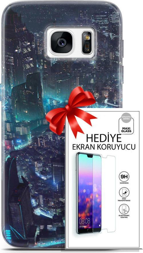 Samsung Galaxy S7 Kılıf Orijinal Seri Cyberpunk 17 Işıklı Şehir Yumuşak Kılıf + Ekran Koruyucu