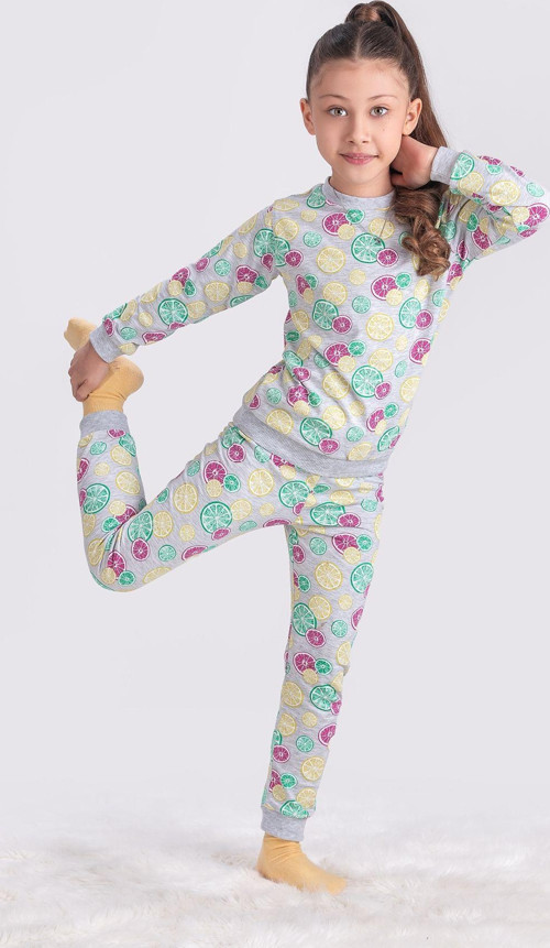 Limon Desenli Kız Çocuk Pijama Takımı 3-7 Yaş Gri 6-7 Yaş