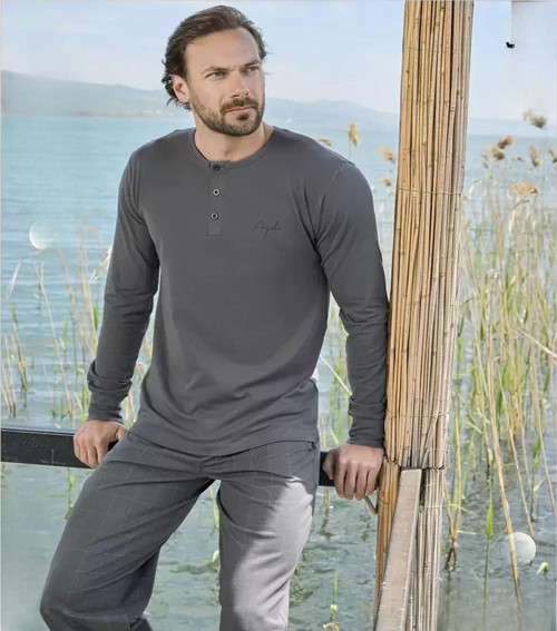 Erkek Modal Uzun Kollu Pijama Takımı 3428 - 1 Adet Füme-XL