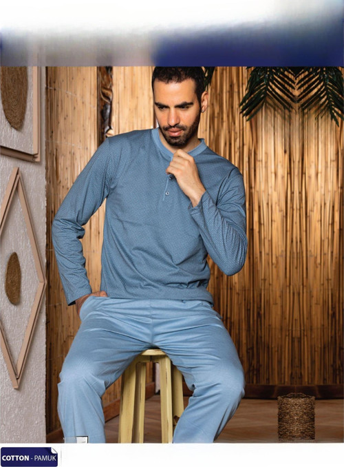 Erkek Süprem İnce Uzun Kol Pijama Takımı A 803/189 - 1 Adet Açık Mavi-XL
