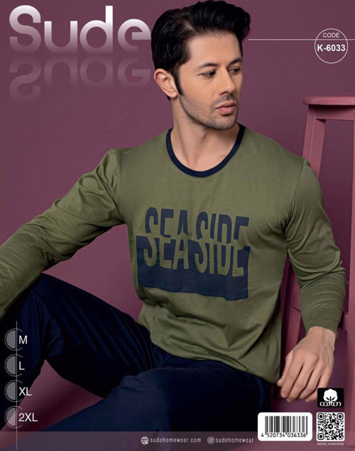 Erkek Pamuk'lu Uzun Kol İnce Pijama Takımı K-6033 - 1 Adet Haki-M