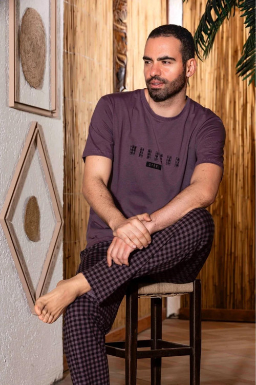 Erkek Süprem İnce Kısa Kol Pijama Takımı A 803/130 - 1 Adet Mor-2XL