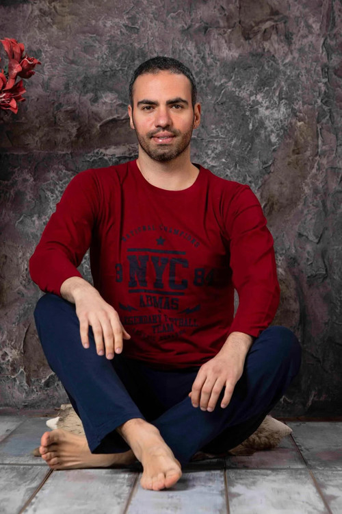 Erkek Süprem Bisiklet Yaka İnce Uzun Kol Pijama Takımı P300/12 - 1 Adet Bordo-L