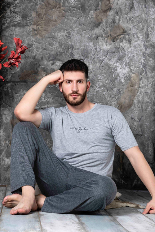 Erkek Süprem Bisiklet Yaka İnce Kısa Kol Pijama Takımı K300/194 - 1 Adet Gri-2XL