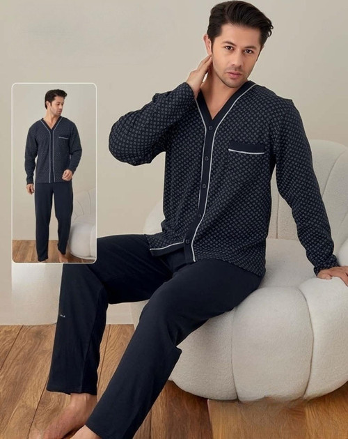Lindros Erkek Gömlek Yaka İnterlok Uzun Kol Pijama Takımı 00148 - 1 Adet Lacivert-M