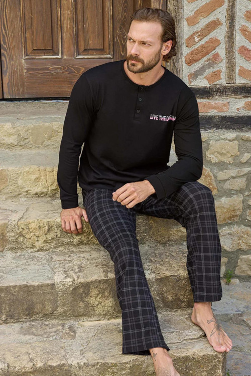 Erkek Süprem Uzun Kollu Pamuklu Pijama Takımı 3497 - 1 Adet Siyah-XL