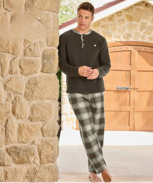 Erkek Düğme Yaka Kışlık Polar Pijama Takımı 6100/5 - 1 Adet Haki-2XL