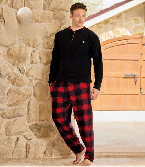 Erkek Düğme Yaka Kışlık Polar Pijama Takımı 6100/7 - 1 Adet Siyah-L
