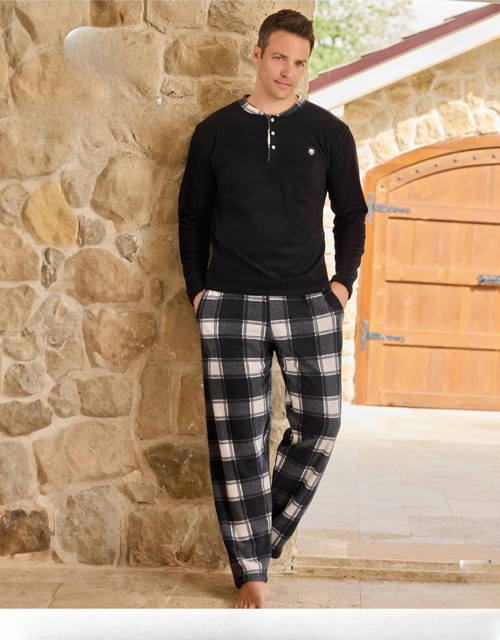 Erkek Düğme Yaka Kışlık Polar Pijama Takımı 6100/12 - 1 Adet Siyah-2XL
