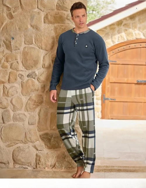Erkek Düğme Yaka Kışlık Polar Pijama Takımı 6100/18 - 1 Adet İndigo-XL