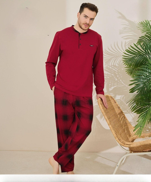 Erkek Pamuklu Düğme Yaka Uzun Kol İnce Pijama Takımı 100/7 - 1 Adet Bordo-XL