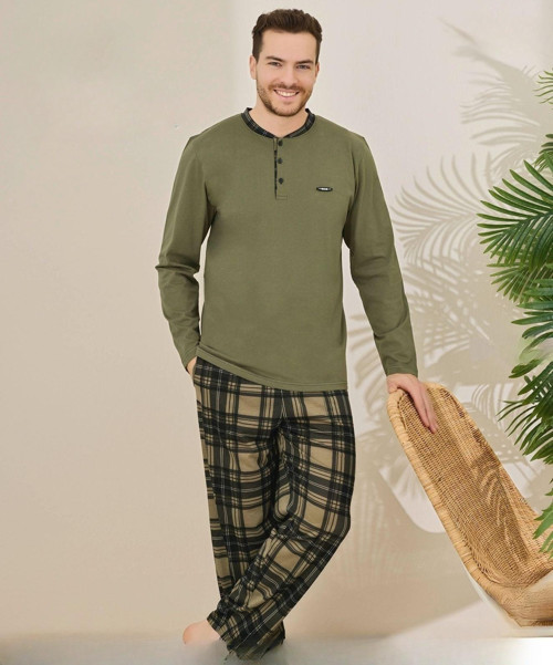 Erkek Pamuklu Düğme Yaka Uzun Kol İnce Pijama Takımı 100/11 - 1 Adet Haki-L
