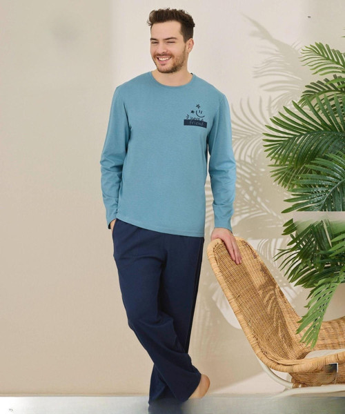 Erkek Pamuklu Bisiklet Yaka Uzun Kol İnce Pijama Takımı 6150/4 - 1 Adet Açık Mavi-XL