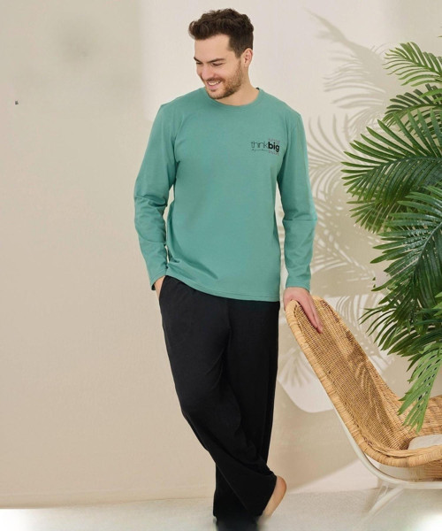 Erkek Pamuklu Bisiklet Yaka Uzun Kol İnce Pijama Takımı 6150/5 - 1 Adet Su Yeşil-2XL