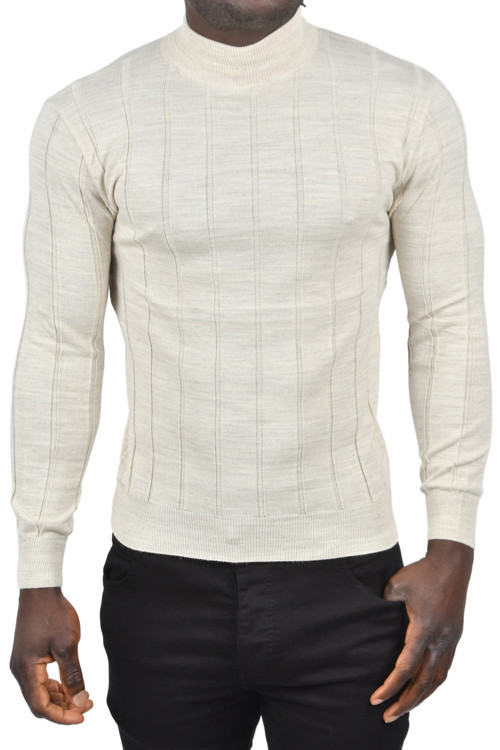 Erkek Bej Slim Fit Likralı Tüylenme Yapmayan Yarım Balıkçı Çizgili Triko Yarım Boğazlı Kazak 2505503
