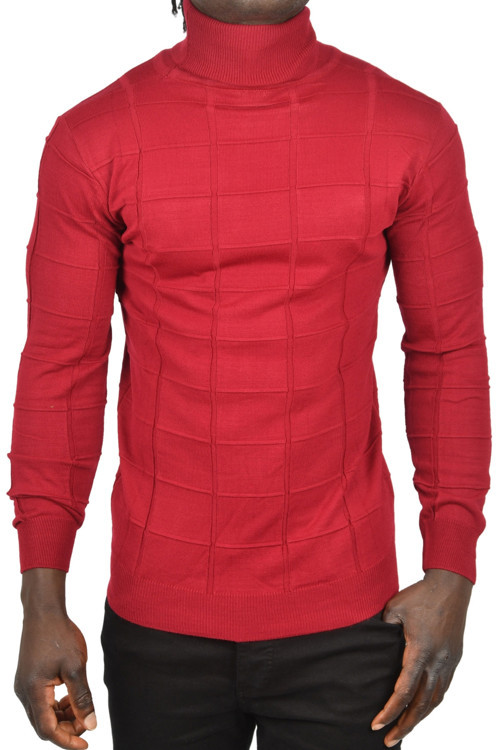 Erkek Bordo Kare Desenli Balıkçı Yaka Slim Fit Boğazlı Triko Kazak 2505493