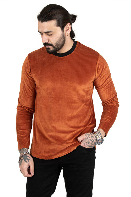 Kiremit Rengi Önü ve Kolları Desenli Pul İşlemeli Kapşonlu Erkek Sweat 2200516