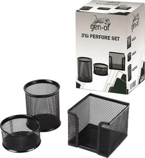 Perfore 3 Lü Metal Masa Üstü Seti Siyah(Kalemlik + Küpnotluk + Ataşlık)