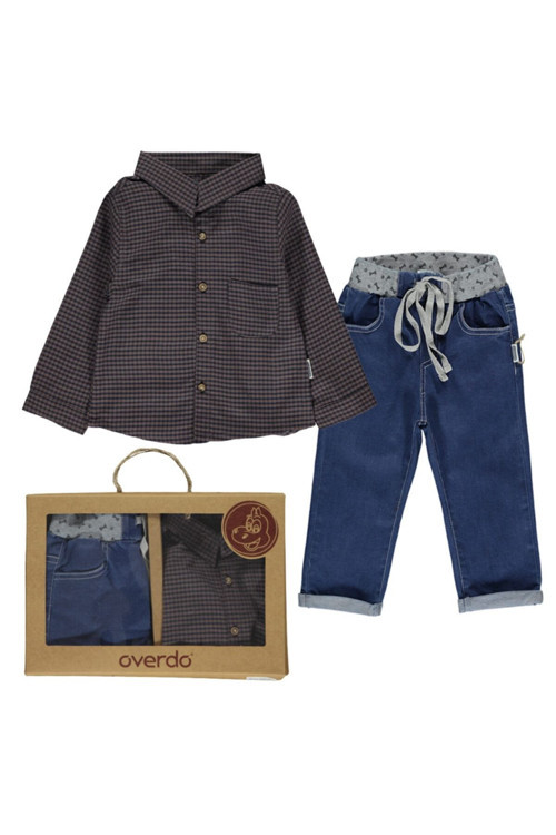 %100 Cotton Hediye Kutulu Ekoseli Aplike Detaylı Gömlek Kot Pantalon Erkek Çocuk 2'Li Takım