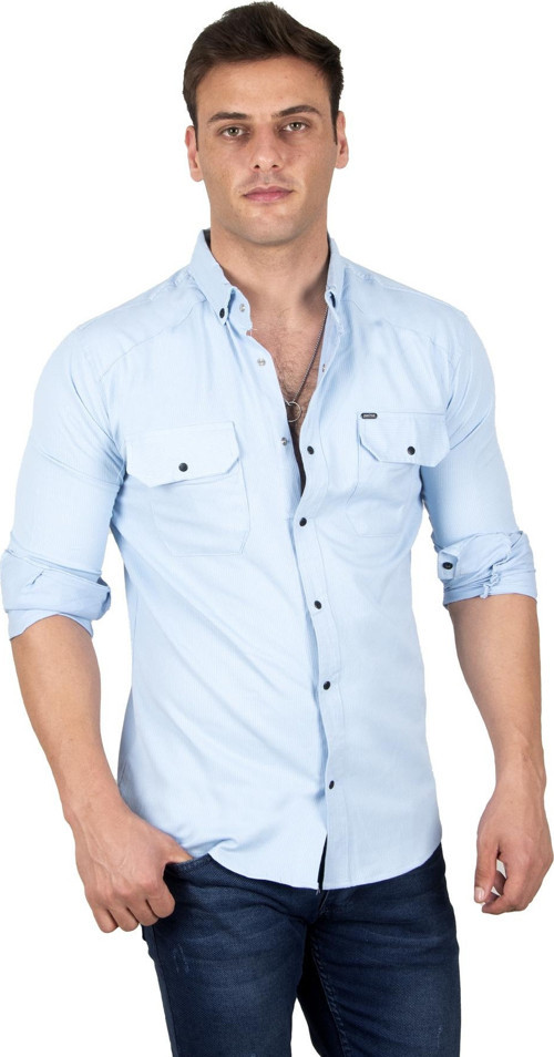 Erkek Buz Mavisi Likralı İnce Fitilli Çıtçıtlı Çift Cepli Dar Kesim Gabardin Gömlek 2300421