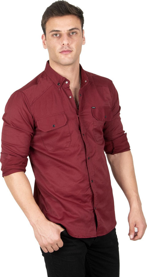Erkek Bordo Likralı İnce Fitilli Çıtçıtlı Çift Cepli Dar Kesim Gabardin Gömlek 2300421