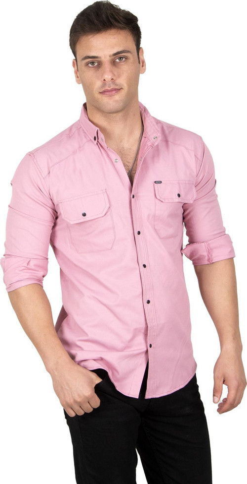 Erkek Pembe Likralı İnce Fitilli Çıtçıtlı Çift Cepli Dar Kesim Gabardin Gömlek 2300421