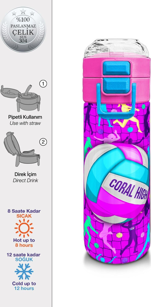 Kids Pembe Mor Voleybol Desenli Pipetli ve Direkt İçim Çelik Termos 500 ml 31795