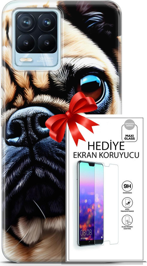 Realme 8 Pro Kılıf Orijinal Seri Dogs 08 Pug Baskılı Kılıf + Ekran Koruyucu