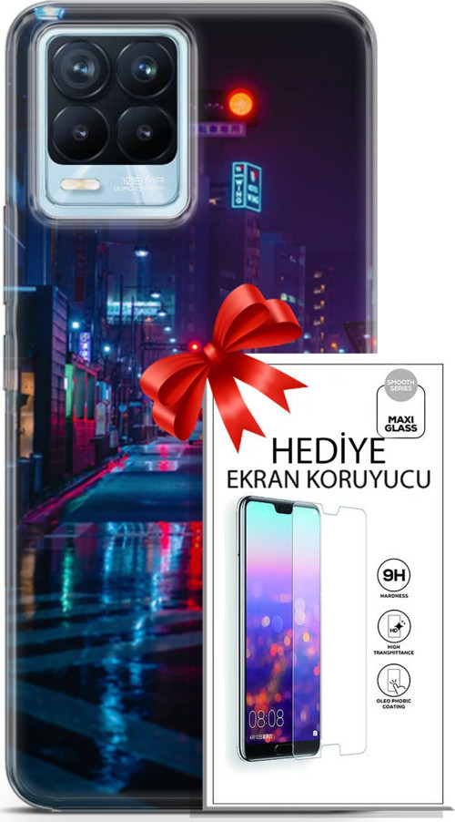 Realme 8 Pro Kılıf Orijinal Seri Cyberpunk 15 Neon Cadde Kalın Silikon + Ekran Koruyucu