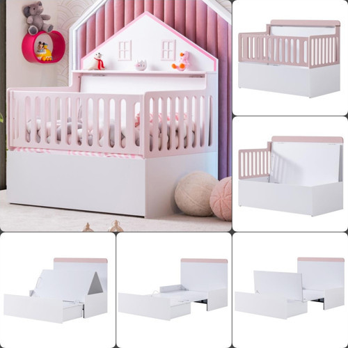 Büyüyen Beşik, Fethiye Sandıklı Panolu Büyüyen Beşik 70x120, Fethiye Sandıklı Karyola 120x200 -pembe