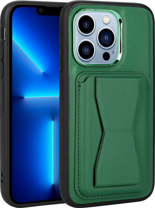 iPhone 13 Pro Uyumlu Kılıf Katlanabilir Standlı PU Deri Kartlıklı Kapak-Memo - Koyu Yeşil