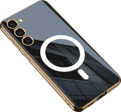 Galaxy S23 Kılıf Wireless Şarj Özellikli Kenarları Elektroplating Kaplama Aynalı Kent Kapak - Siyah
