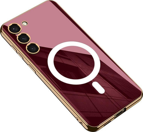 Galaxy S23 Plus Kılıf Wireless Şarj Özellikli Kenarları Elektroplating Kaplama Aynalı Kent Kapak - Koyu Kırmızı