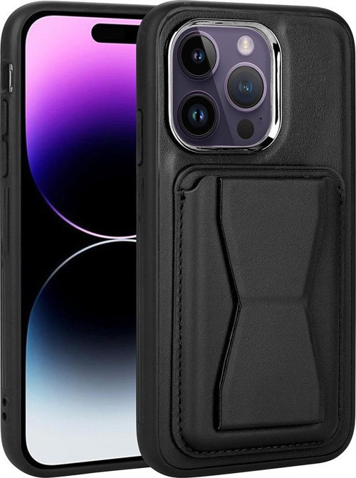 iPhone 14 Pro Uyumlu Kılıf Katlanabilir Standlı PU Deri Kartlıklı Kapak-Memo - Siyah